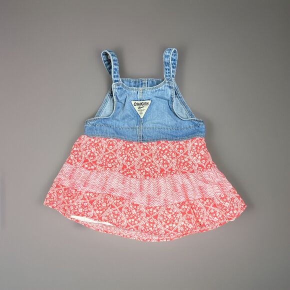 Oshkosh B'Gosh  Denim Jumper Overalls Dress Pink White Floral Skirt Pocket 18M - Picture 2 of 7